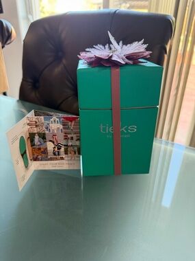 Tieks Teal Box with Pink Ribbon and Floral Topper and Fairy dust flats